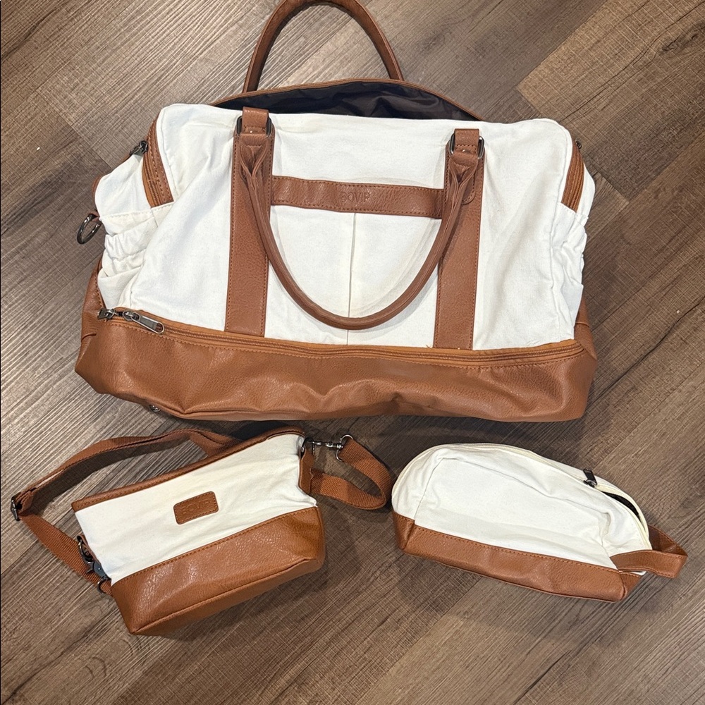 3 piece weekend faux leather and canvas travel set